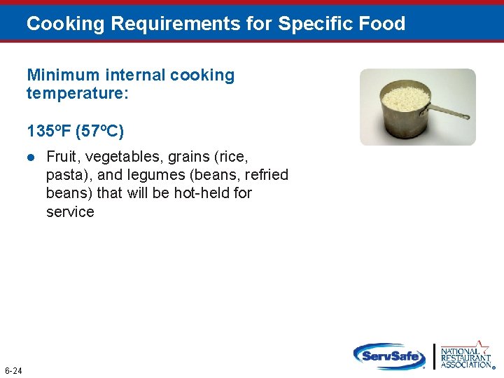 Cooking Requirements for Specific Food Minimum internal cooking temperature: 135ºF (57ºC) l 6 -24