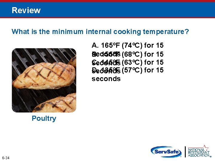 Review What is the minimum internal cooking temperature? A. 165ºF (74ºC) for 15 seconds