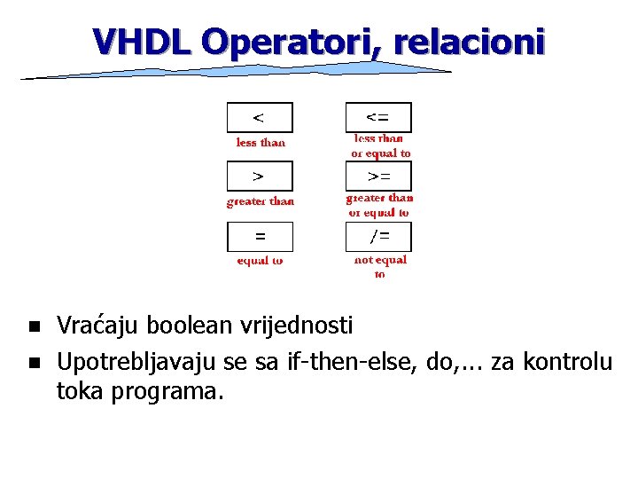 VHDL Operatori, relacioni n n Vraćaju boolean vrijednosti Upotrebljavaju se sa if-then-else, do, .