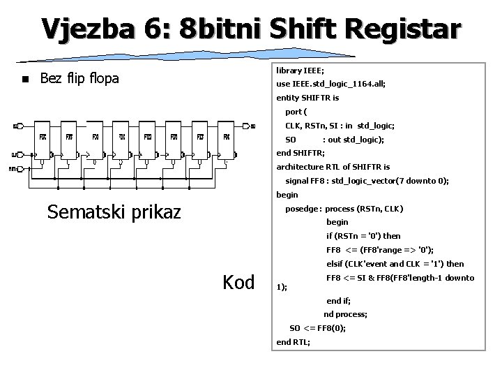 Vjezba 6: 8 bitni Shift Registar n library IEEE; Bez flip flopa use IEEE.