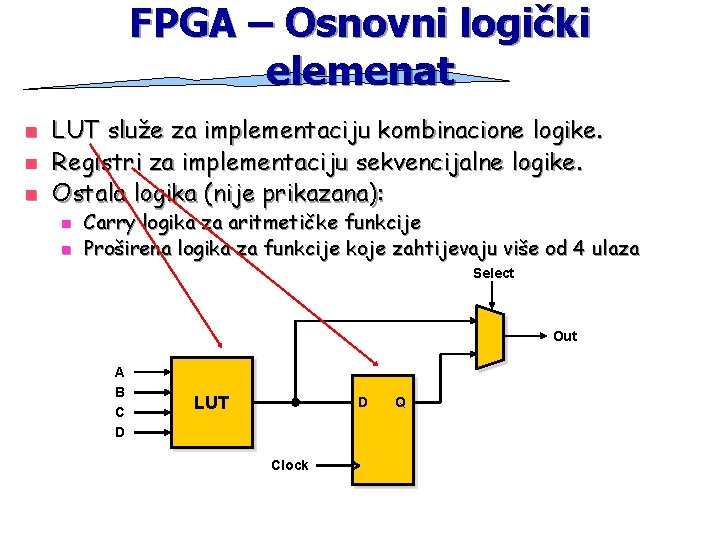 FPGA – Osnovni logički elemenat n n n LUT služe za implementaciju kombinacione logike. FPGA – Osnovni logički elemenat n n n LUT služe za implementaciju kombinacione logike.