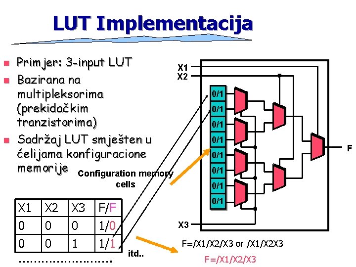 LUT Implementacija n n n Primjer: 3 -input LUT Bazirana na multipleksorima (prekidačkim tranzistorima)