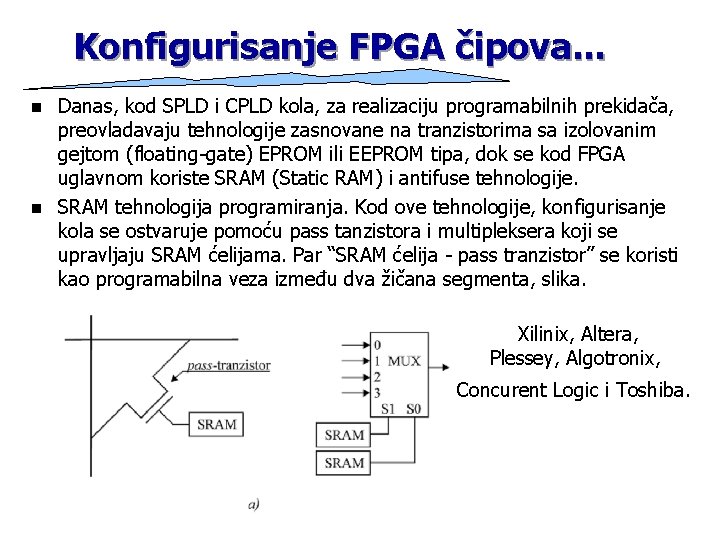 Konfigurisanje FPGA čipova. . . n n Danas, kod SPLD i CPLD kola, za