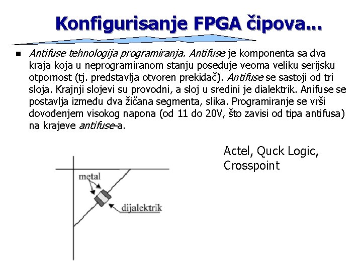 Konfigurisanje FPGA čipova. . . n Antifuse tehnologija programiranja. Antifuse je komponenta sa dva