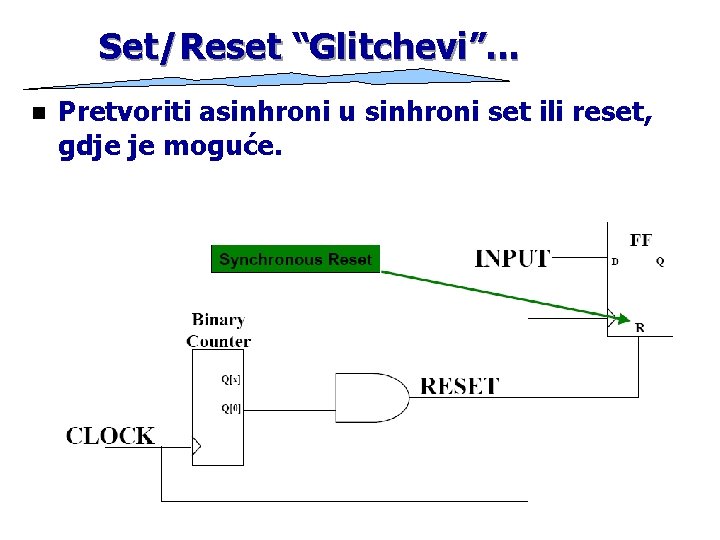 Set/Reset “Glitchevi”. . . n Pretvoriti asinhroni u sinhroni set ili reset, gdje je