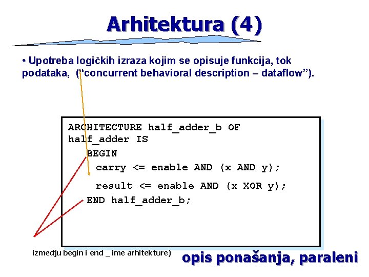 Arhitektura (4) • Upotreba logičkih izraza kojim se opisuje funkcija, tok podataka, (“concurrent behavioral