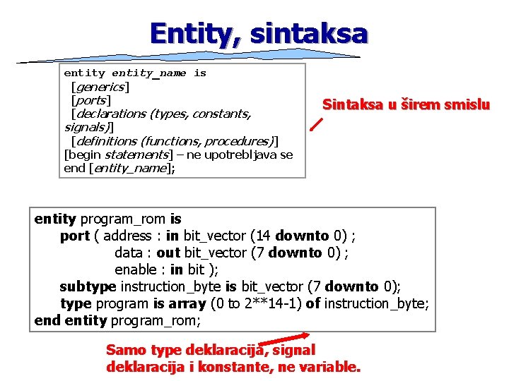 Entity, sintaksa entity_name is [generics] [ports] [declarations (types, constants, signals)] [definitions (functions, procedures)] [begin