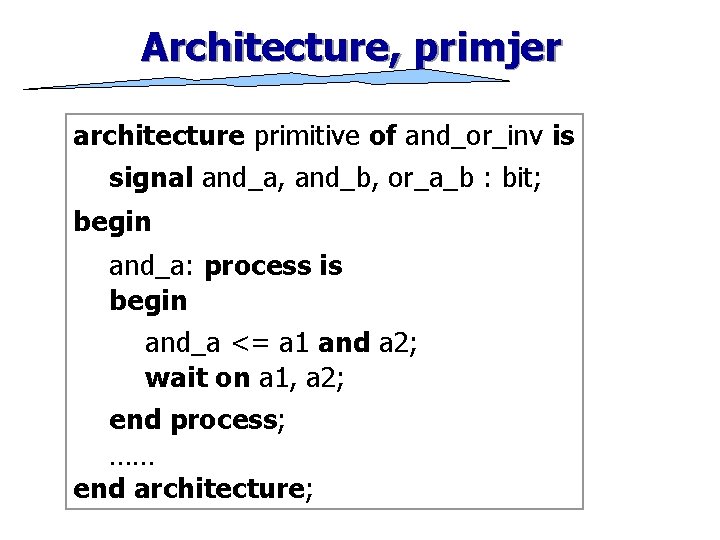 Architecture, primjer architecture primitive of and_or_inv is signal and_a, and_b, or_a_b : bit; begin