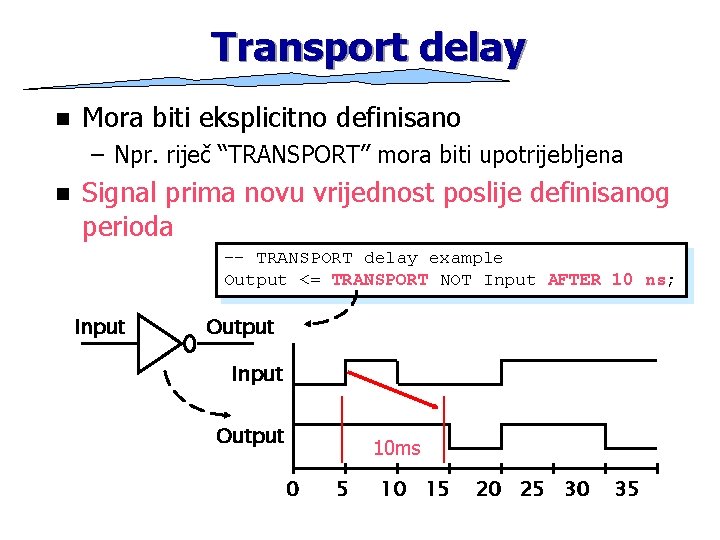 Transport delay n Mora biti eksplicitno definisano – Npr. riječ “TRANSPORT” mora biti upotrijebljena