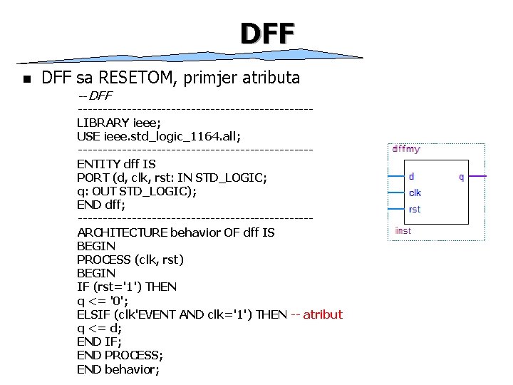 DFF n DFF sa RESETOM, primjer atributa -- DFF ------------------------LIBRARY ieee; USE ieee. std_logic_1164.