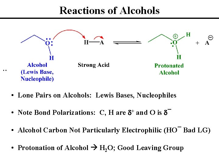 Reactions of Alcohols • Lone Pairs on Alcohols: Lewis Bases, Nucleophiles • Note Bond