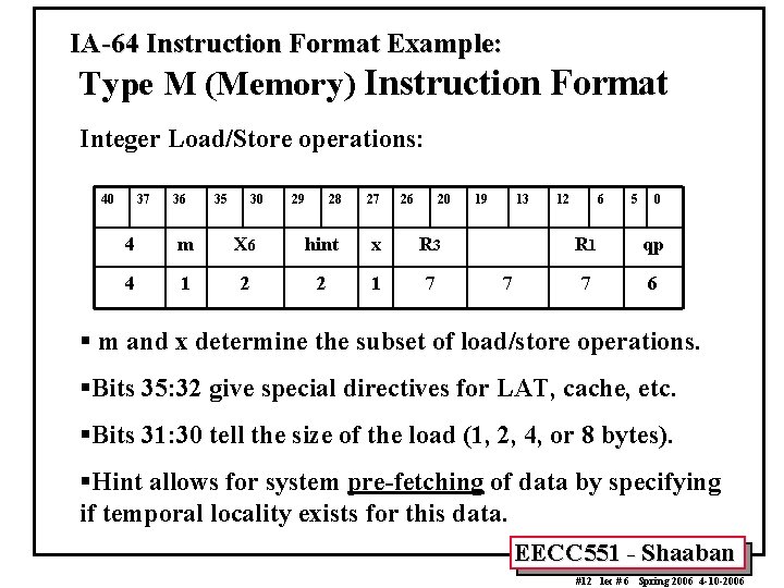 IA-64 Instruction Format Example: Type M (Memory) Instruction Format Integer Load/Store operations: 40 37 IA-64 Instruction Format Example: Type M (Memory) Instruction Format Integer Load/Store operations: 40 37