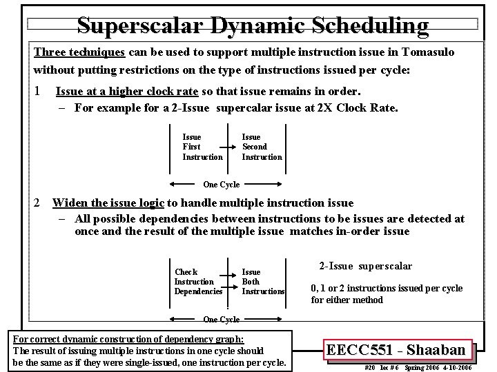 Superscalar Dynamic Scheduling Three techniques can be used to support multiple instruction issue in Superscalar Dynamic Scheduling Three techniques can be used to support multiple instruction issue in