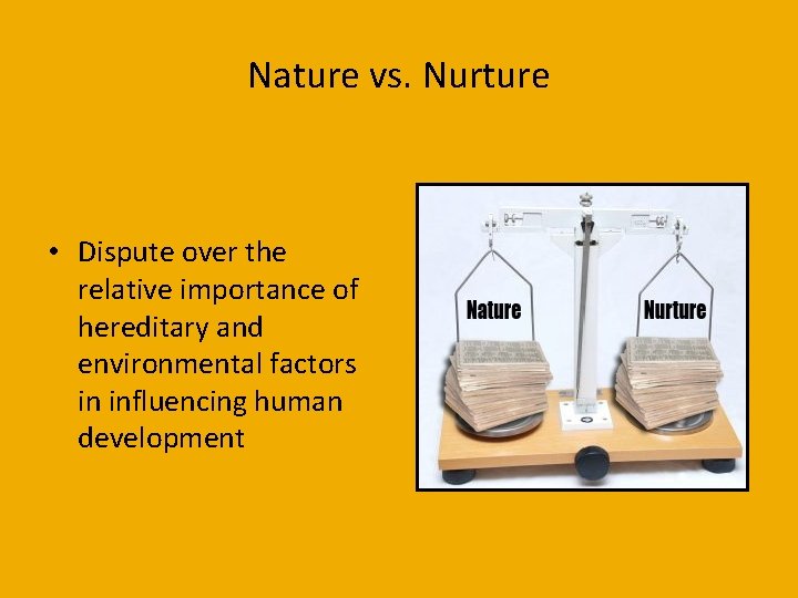 Nature vs. Nurture • Dispute over the relative importance of hereditary and environmental factors