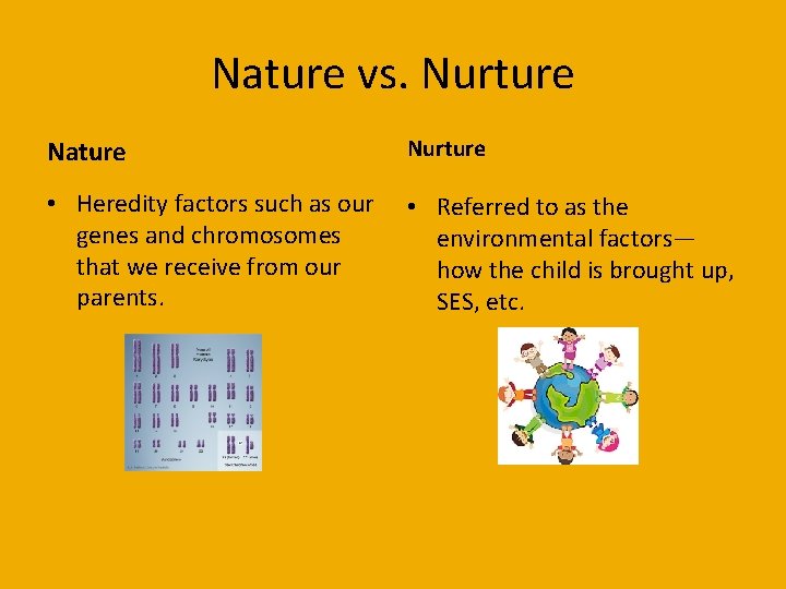 Nature vs. Nurture Nature Nurture • Heredity factors such as our genes and chromosomes