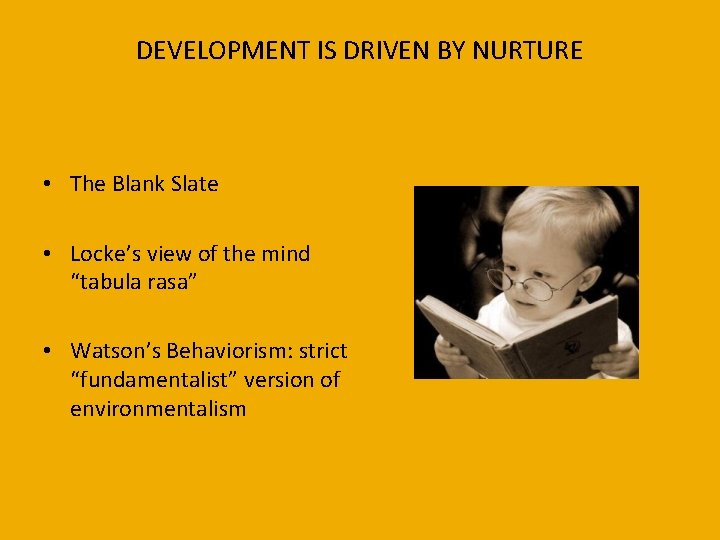 DEVELOPMENT IS DRIVEN BY NURTURE • The Blank Slate • Locke’s view of the