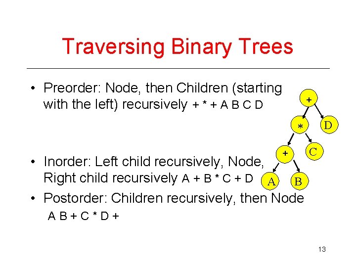 Traversing Binary Trees • Preorder: Node, then Children (starting with the left) recursively +