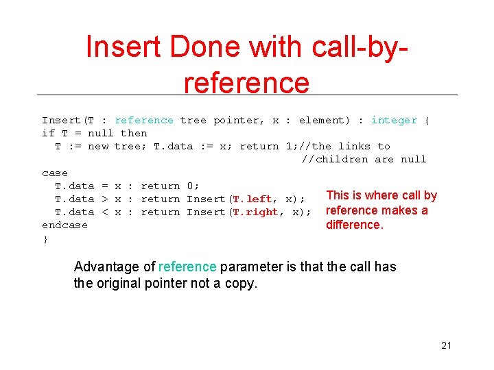 Insert Done with call-byreference Insert(T : reference tree pointer, x : element) : integer