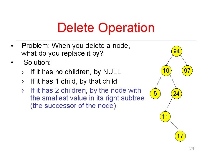 Delete Operation • • Problem: When you delete a node, what do you replace