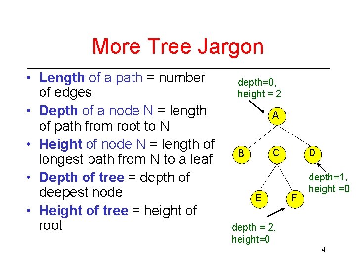 More Tree Jargon • Length of a path = number of edges • Depth