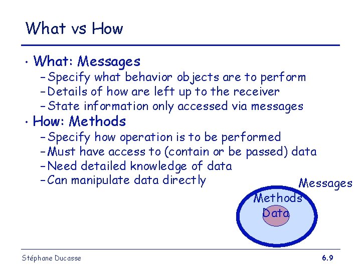 What vs How • What: Messages • How: Methods – Specify what behavior objects What vs How • What: Messages • How: Methods – Specify what behavior objects