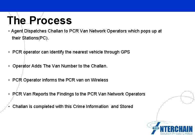The Process • Agent Dispatches Challan to PCR Van Network Operators which pops up