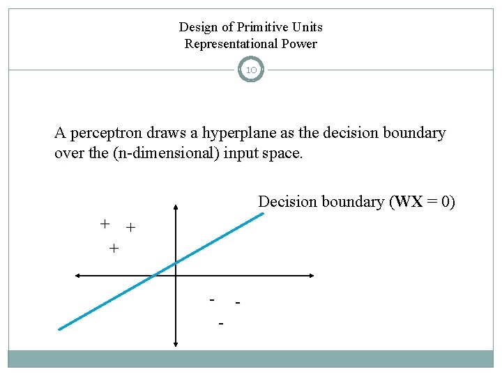 Design of Primitive Units Representational Power 10 A perceptron draws a hyperplane as the