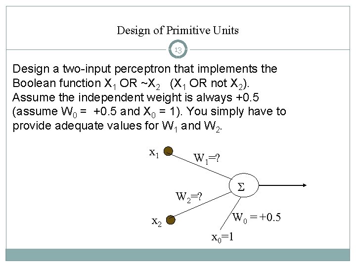 Design of Primitive Units 13 Design a two-input perceptron that implements the Boolean function