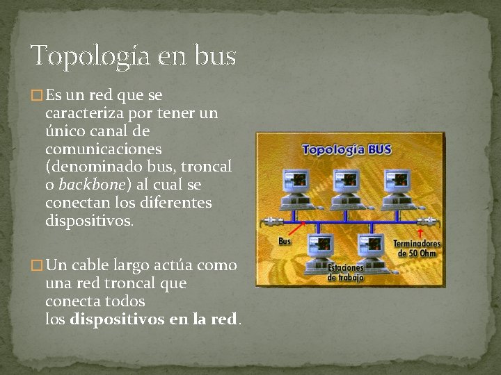 Topología en bus � Es un red que se caracteriza por tener un único