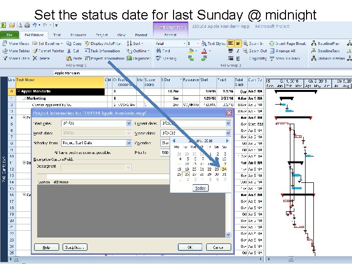 Set the status date for last Sunday @ midnight 2/1//2016 Project Administration Institute, Inc.