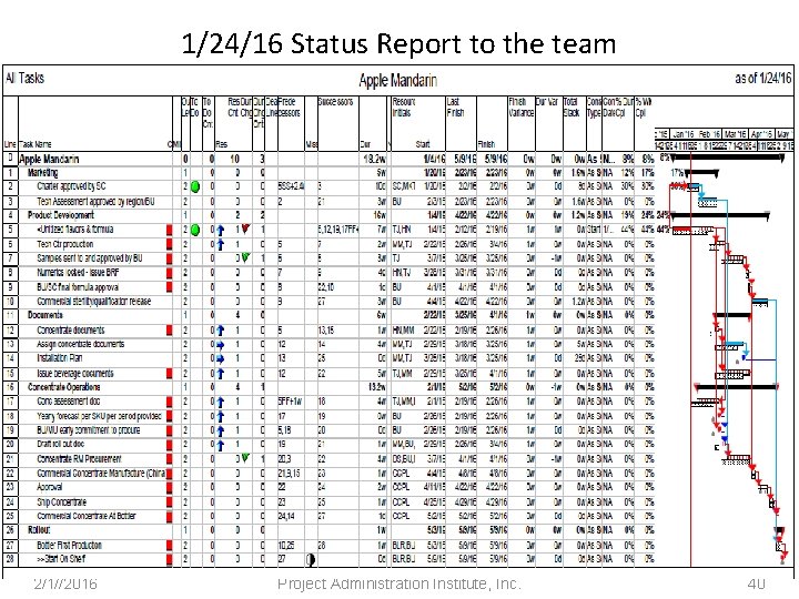 1/24/16 Status Report to the team 2/1//2016 Project Administration Institute, Inc. 40 