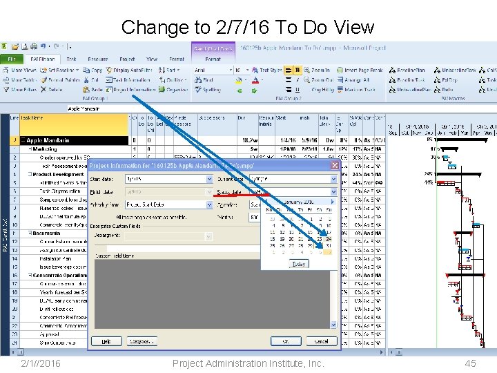 Change to 2/7/16 To Do View 2/1//2016 Project Administration Institute, Inc. 45 