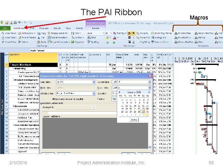 The PAI Ribbon 2/1//2016 Project Administration Institute, Inc. Macros 55 