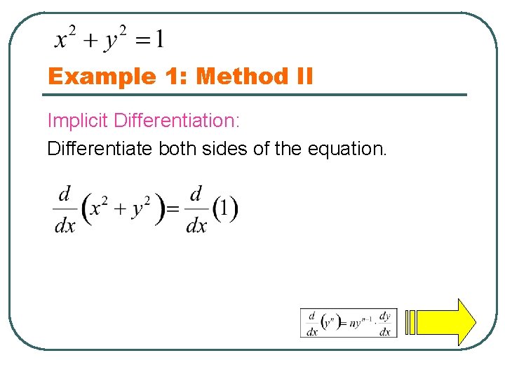 Example 1: Method II Implicit Differentiation: Differentiate both sides of the equation. 