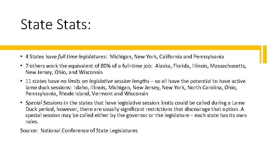 State Stats: • 4 States have full time legislatures: Michigan, New York, California and State Stats: • 4 States have full time legislatures: Michigan, New York, California and