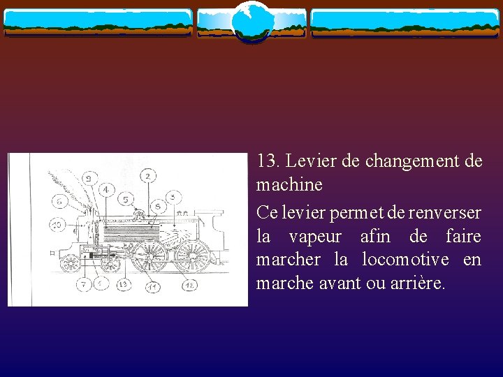 13. Levier de changement de machine Ce levier permet de renverser la vapeur afin