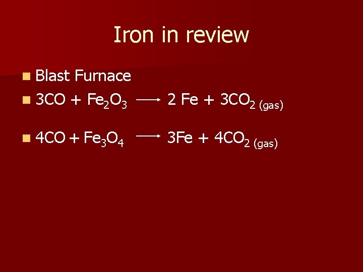 Iron in review n Blast Furnace n 3 CO + Fe 2 O 3