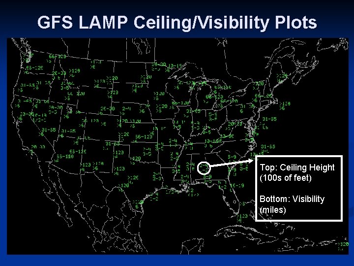 GFS LAMP Ceiling/Visibility Plots Top: Ceiling Height (100 s of feet) Bottom: Visibility (miles)