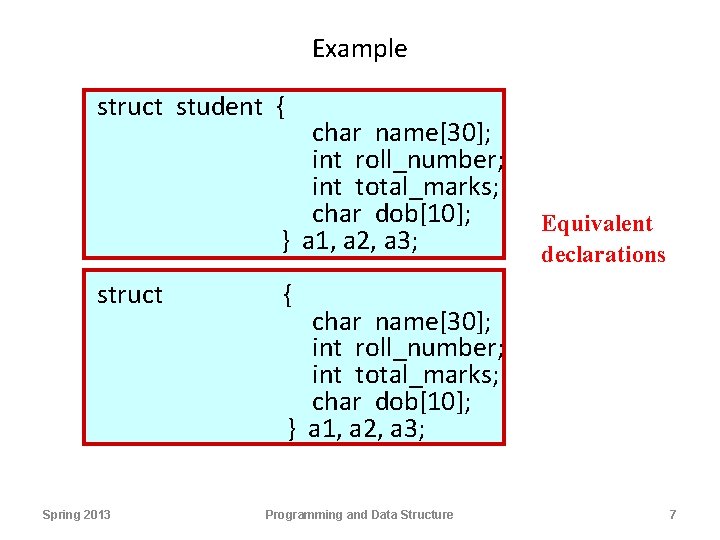 Example struct student { char name[30]; int roll_number; int total_marks; char dob[10]; } a