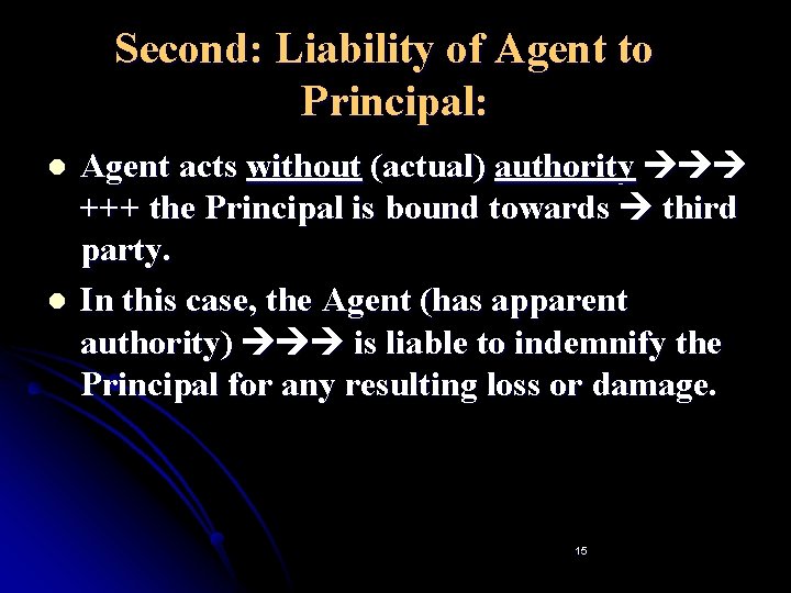Second: Liability of Agent to Principal: l l Agent acts without (actual) authority +++