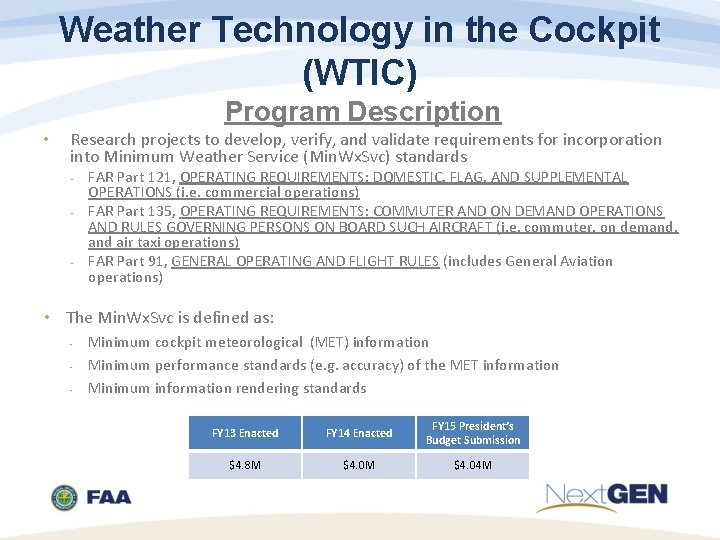 Weather Technology in the Cockpit (WTIC) Program Description • Research projects to develop, verify,