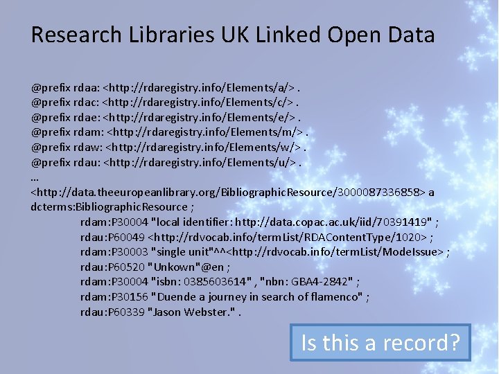 Research Libraries UK Linked Open Data @prefix rdaa: <http: //rdaregistry. info/Elements/a/>. @prefix rdac: <http: