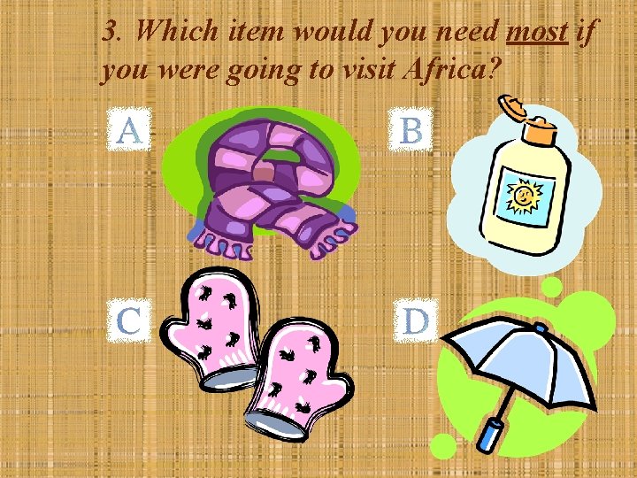 3. Which item would you need most if you were going to visit Africa?