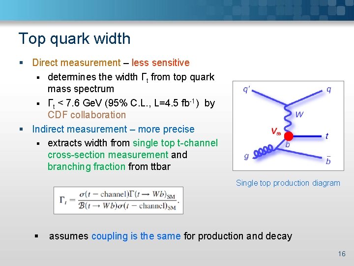 Top quark width § Direct measurement – less sensitive § determines the width Γt
