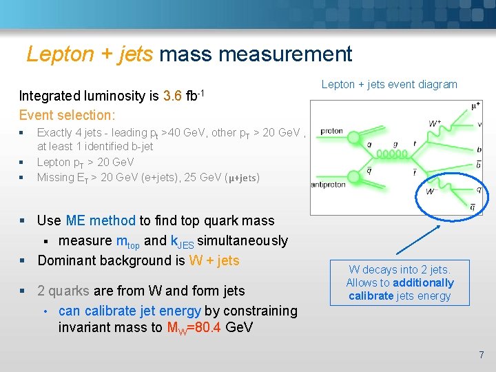 Lepton + jets mass measurement Integrated luminosity is 3. 6 Event selection: § §