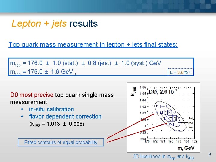 Lepton + jets results Top quark mass measurement in lepton + jets final states: