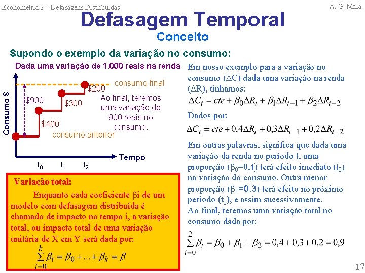 Econometria 2 – Defasagens Distribuídas Defasagem Temporal A. G. Maia Conceito Supondo o exemplo