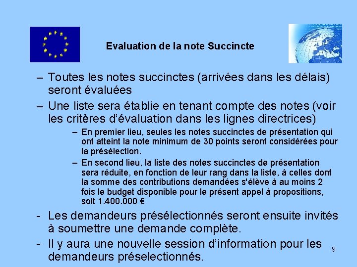 Evaluation de la note Succincte – Toutes les notes succinctes (arrivées dans les délais)