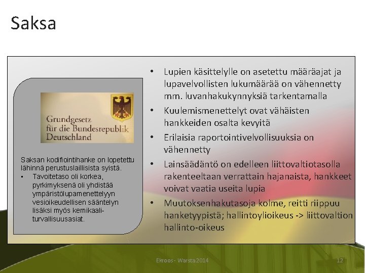 Saksan kodifiointihanke on lopetettu lähinnä perustuslaillisista syistä. • Tavoitetaso oli korkea, pyrkimyksenä oli yhdistää