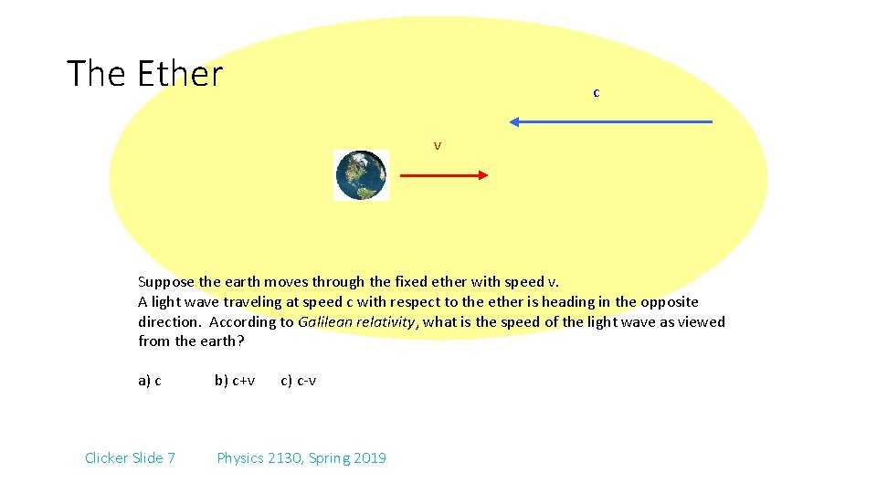 The Ether c v Suppose the earth moves through the fixed ether with speed
